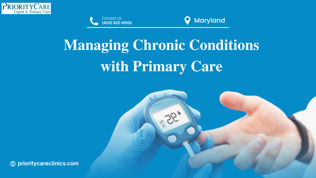 Doctor examining a diabetic patient's finger using a glucose monitor at Priority Care Clinics in Baltimore, Maryland, specializing in primary care for managing chronic conditions. Contact us at (410) 522-0001 or visit https://prioritycareclinics.com/ for more information.