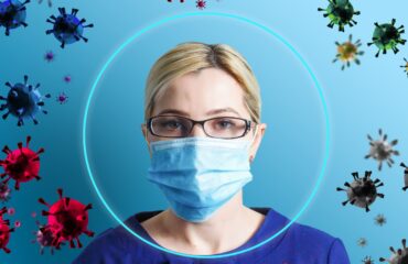 new COVID variant symptoms concept doctor hands protect symbol with covid icons blue background copy space web banner template